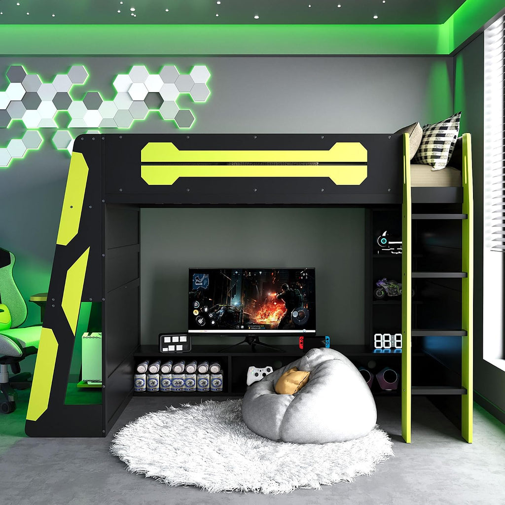 Bellemave Gaming Loft Bed with Desk and Lights, Twin Loft Bed with Storage Shelves and Work Station, Wood Loft Bed Frame for Kids, Boys, Girls, Teens, No Spring Box Needed & Dedicated Style, Green