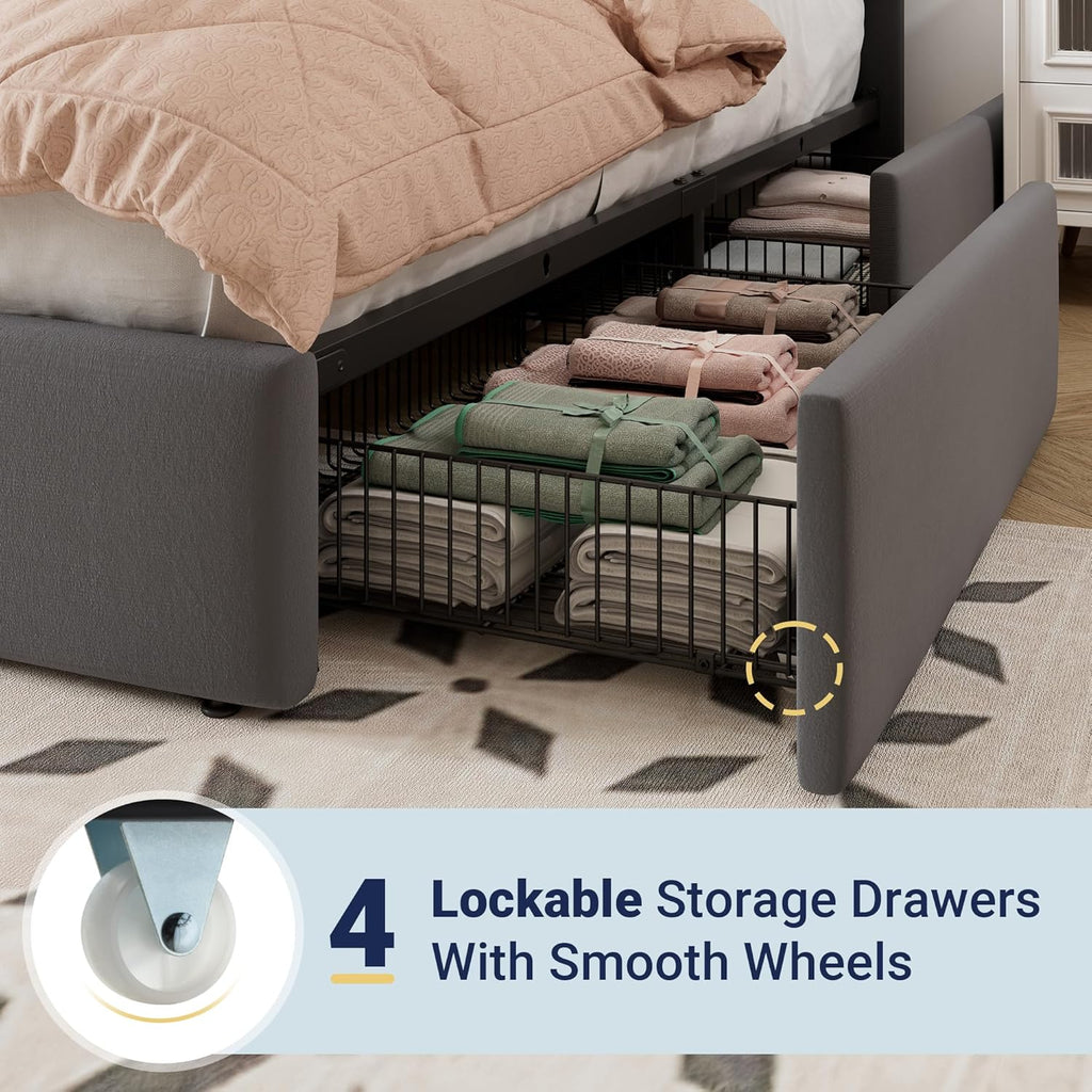 Allewie Full Size Storage Bed Frame, Vertical Channel Tufted Adjustable Headboard, Velvet Upholstered Platform Bed with 4 Oversized Underbed Drawers, Wooden Slats Support, No Box Spring Needed, Grey