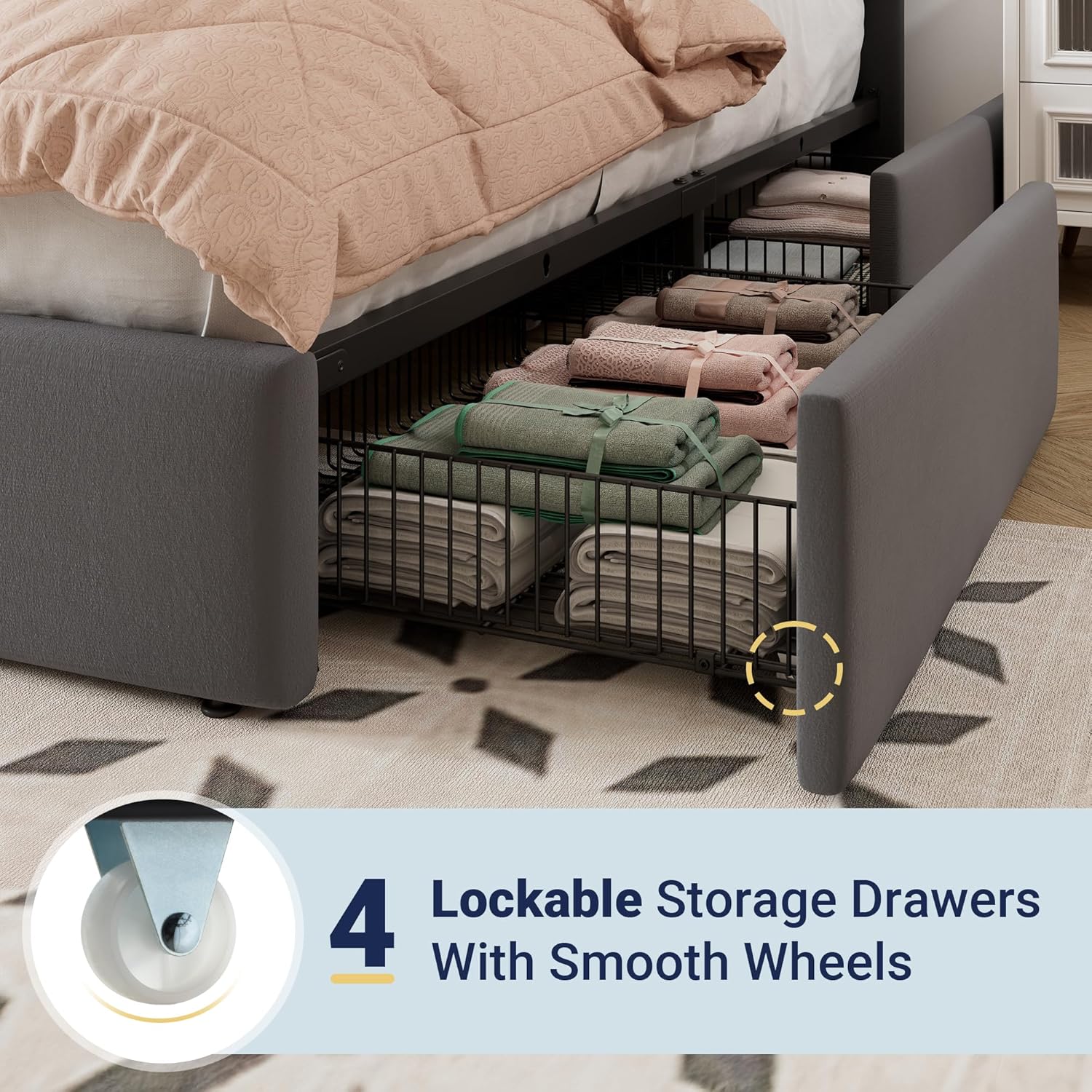 Allewie Full Size Storage Bed Frame, Vertical Channel Tufted Adjustable Headboard, Velvet Upholstered Platform Bed with 4 Oversized Underbed Drawers, Wooden Slats Support, No Box Spring Needed, Grey