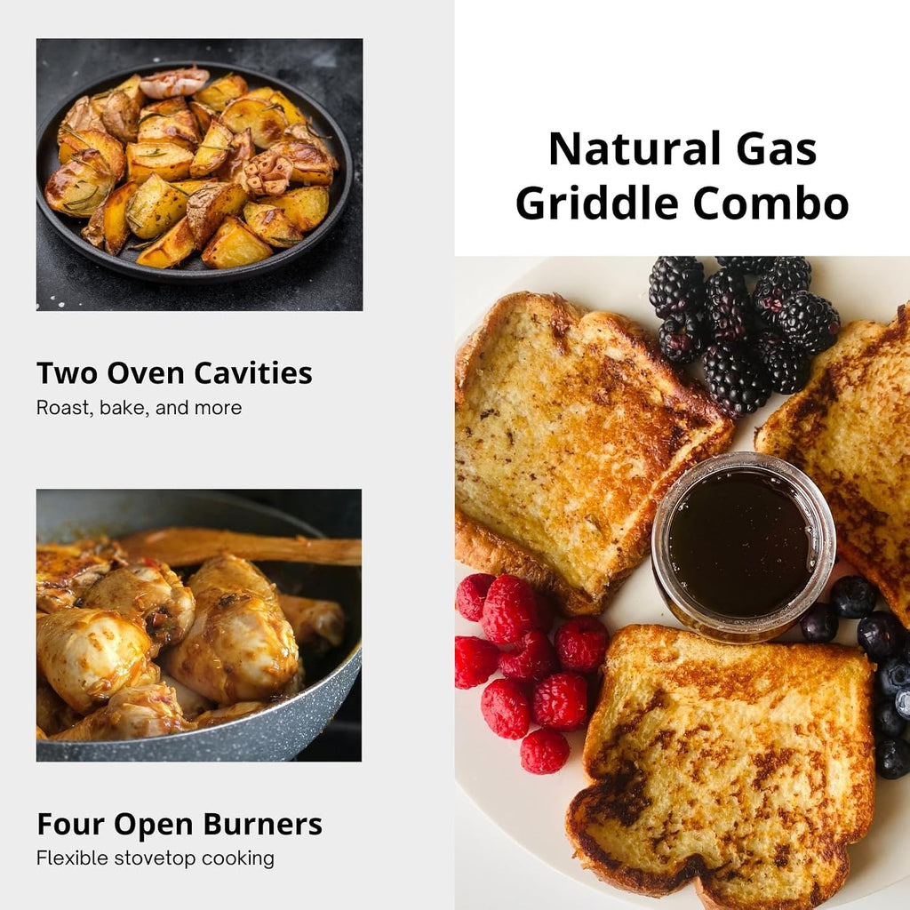 CookRite Commercial Natural Gas Range 4 Burner Hotplates With 36' Manual Griddle 2 Standard Ovens 60'' Restaurant Range - 229,000 BTU