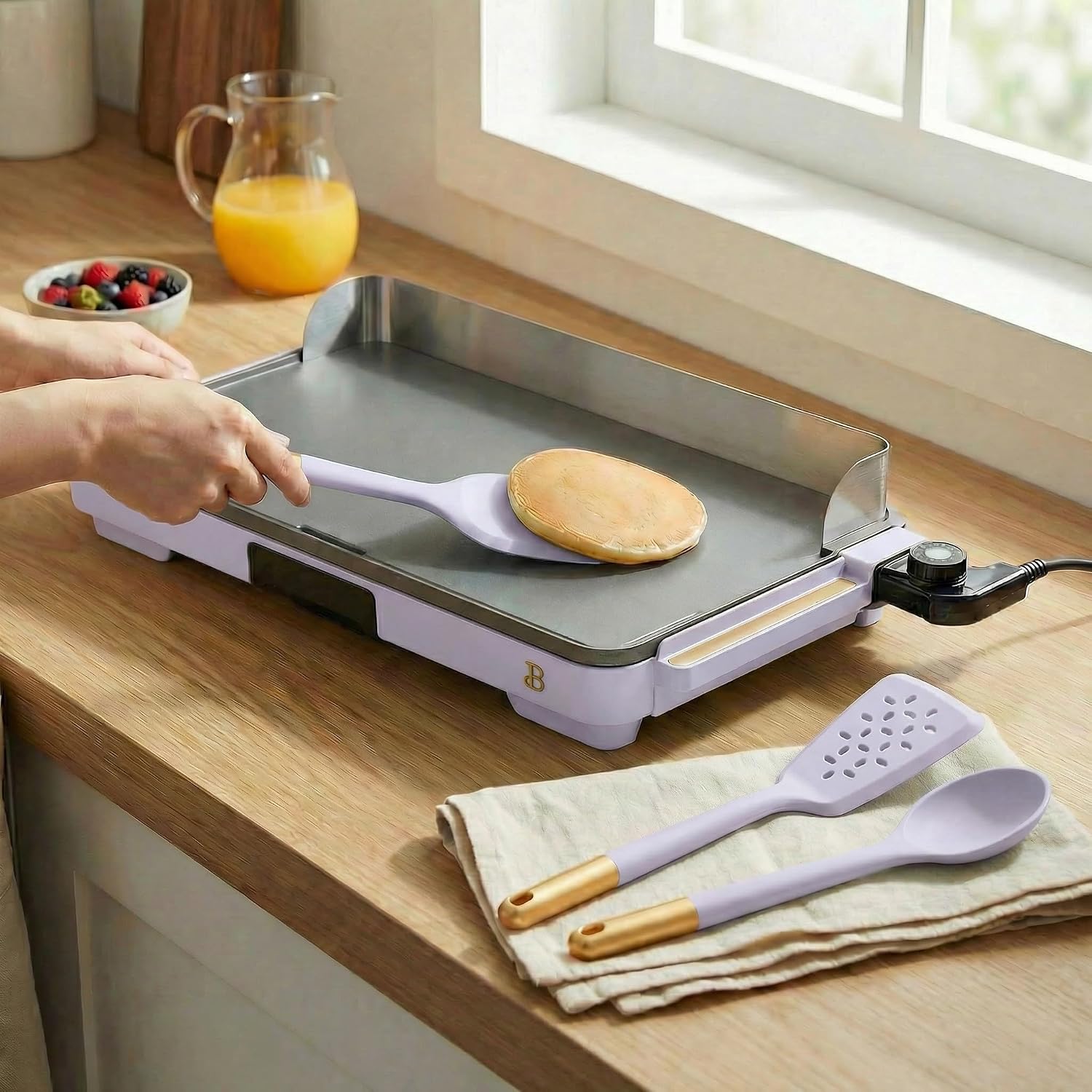 XL Electric Griddle 12' x 22' with Ceramic Nonstick Coating and Removable Heat Control with 3-Piece Silicone Spoon, Lavender Flat Top Electric Grill with Drip Tray and Backsplash