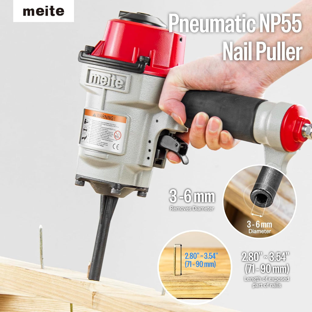 meite NP55 Pneumatic Nail Remover, Professional Heavy Duty Air Punch Nailer Denailer Gun Removes 9-16 Gauge Nails Length 71-90 mm, 85-120 PSI Pallet Nail Puller for Wooden Furniture & Reclaimed Wood