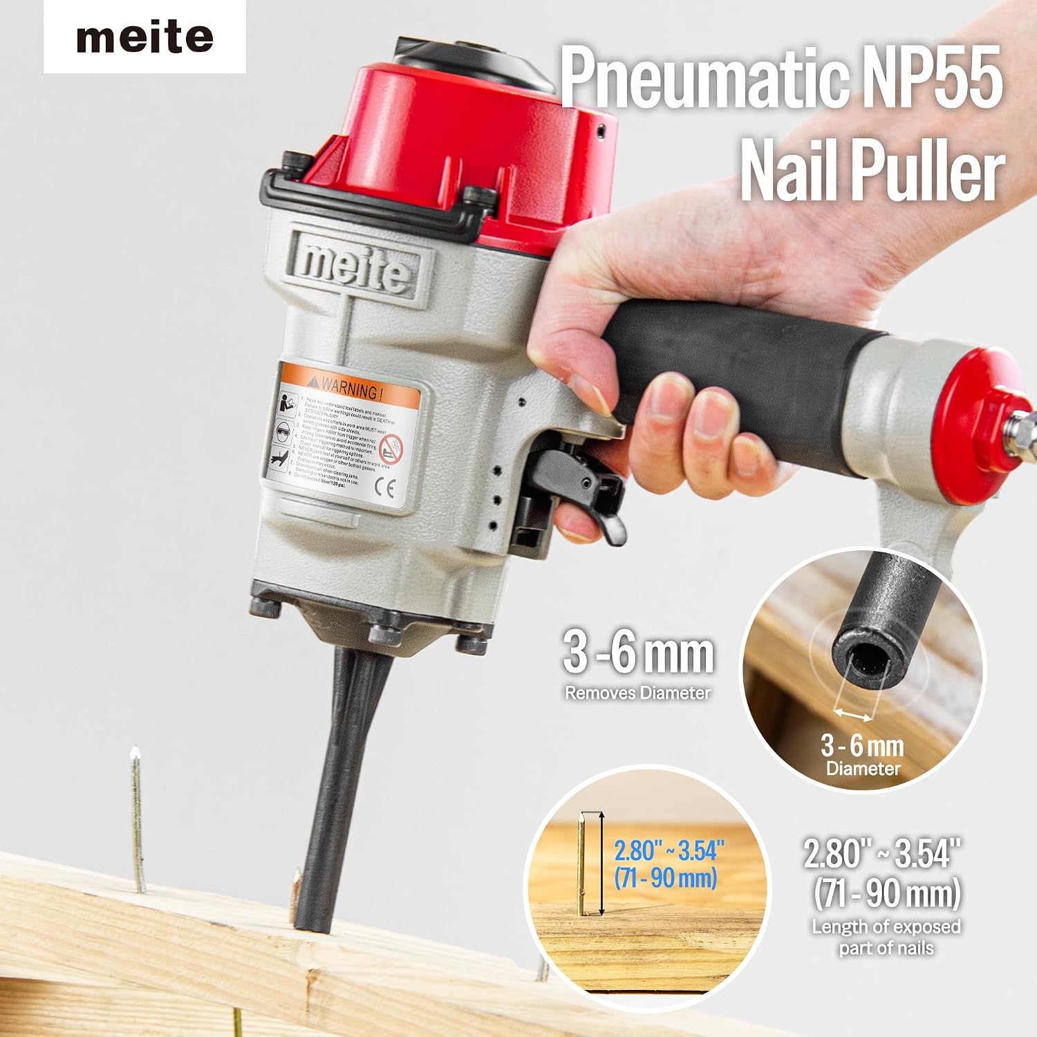 meite NP55 Pneumatic Nail Remover, Professional Heavy Duty Air Punch Nailer Denailer Gun Removes 9-16 Gauge Nails Length 71-90 mm, 85-120 PSI Pallet Nail Puller for Wooden Furniture & Reclaimed Wood