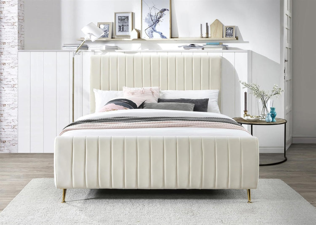 Meridian Furniture Zara Collection Modern | Contemporary Velvet Upholstered Bed with Deep Channel Tufting and Custom Gold Legs, Queen, Cream