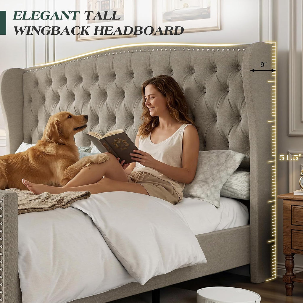 LUXOAK King Platform Bed Frame with Wingback Headboard, Velvet Upholstered Bed Frame with Handmade Button Tufted & Nailhead, Wooden Slats Support, Beige
