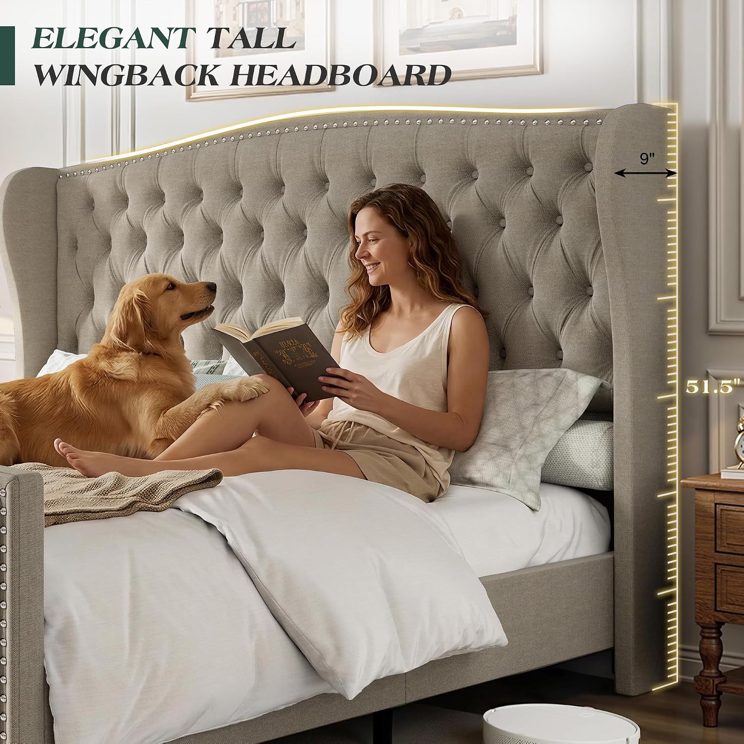 LUXOAK King Platform Bed Frame with Wingback Headboard, Velvet Upholstered Bed Frame with Handmade Button Tufted & Nailhead, Wooden Slats Support, Beige