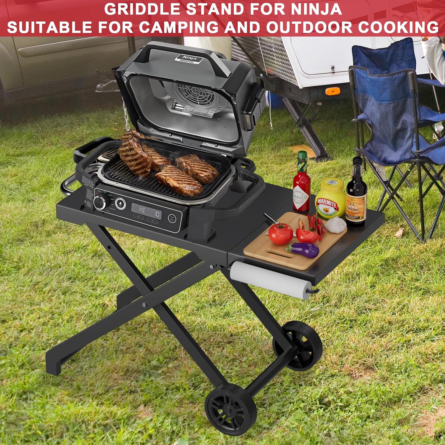 Grill Stand for Ninja Woodfire Outdoor OG700 OG800 Series, Portable Folding Grill Table Cart for Ninja Woodfire OG701 OG850 OG951 and OO101 Pizza Oven with Ninja Side Table