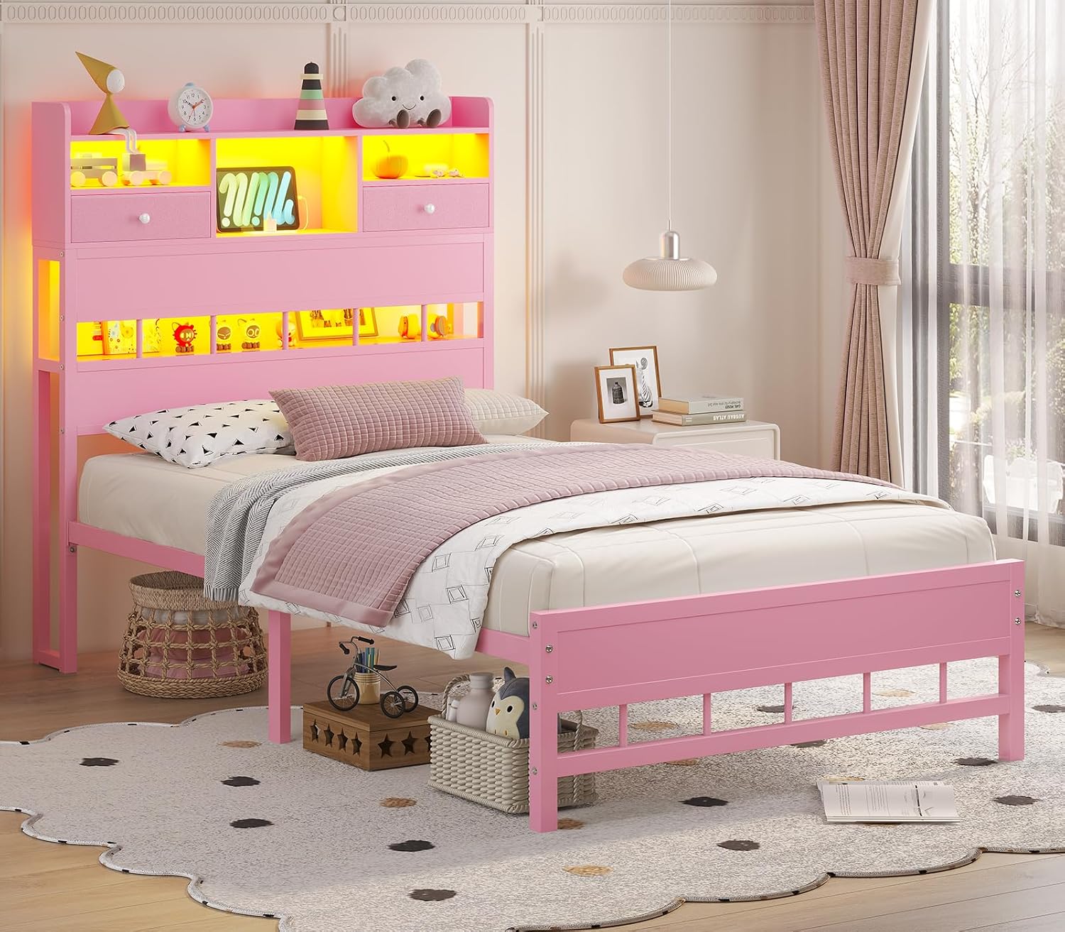 BTHFST Twin Bed Frame with Storage Headboard & Charging Station, LED Bed Frame Twin with 5 Shelves & Under Bed Storage, Platform Bed Frames for Kids, No Box Spring Needed, Pink
