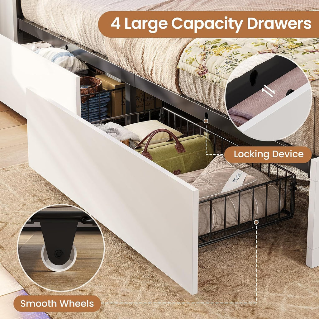 VIAGDO Farmhouse Bed Frame Twin Size with Bookcase Storage Headboard, Charging Station and LED Lights, Wooden Twin Bed Frames with 4 Drawers, Barn Door Design, No Box Spring Needed, No Noise, White