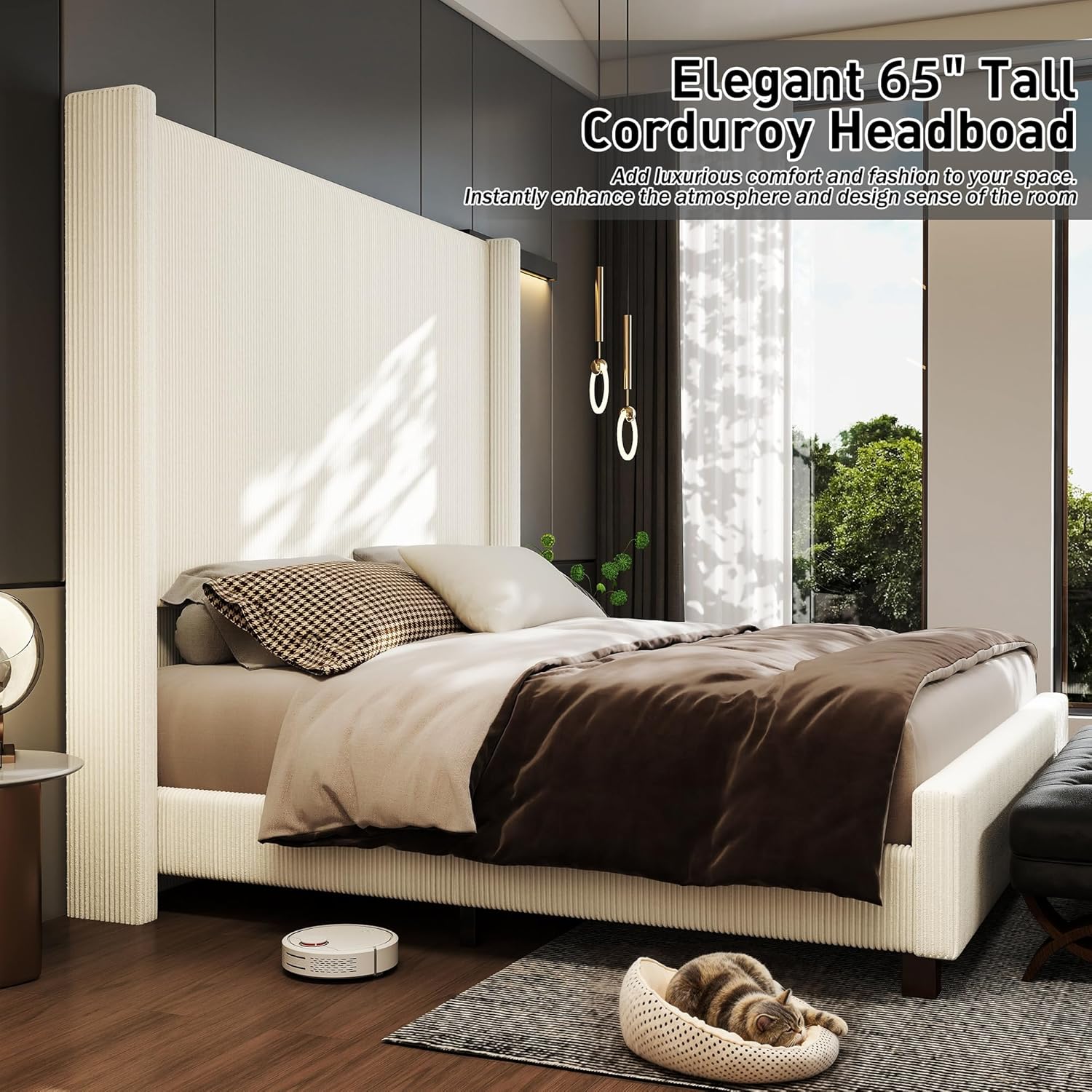 Queen Size 65.2' Tall Upholstered Bed Frame with USB Charging Station,Soft Washable Corduroy Cover with Wingback Headboard, Solid Wood Legs/Noise-Free/No Box Spring Needed/Beige