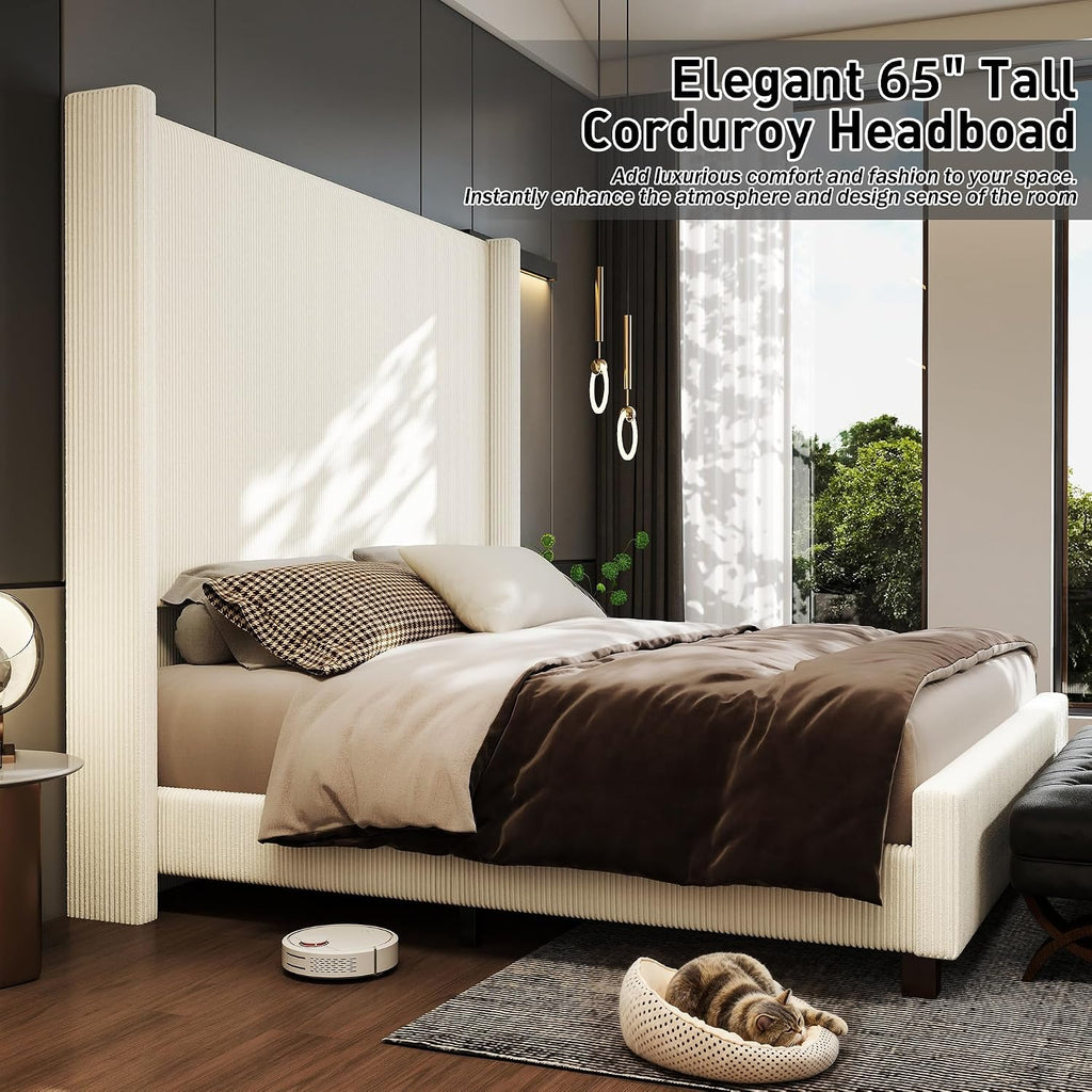 King Size 65.2' Upholstered Bed Frame with USB Charging Station,Soft Washable Corduroy Cover with Wingback Headboard, Solid Wood Legs/Noise-Free/No Box Spring Needed/Beige