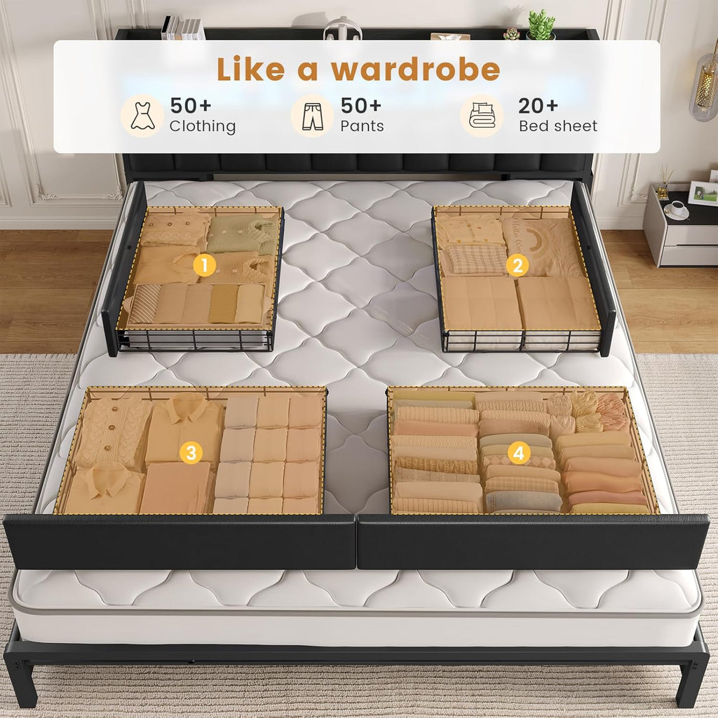 ADORNEVE California King Bed Frame with 10 Storage Drawers & RGB Bookcase Headboard, PU Upholstered Cal King Bed with Charging Station, Heavy Duty Metal Slats, No Box Spring Needed, Black