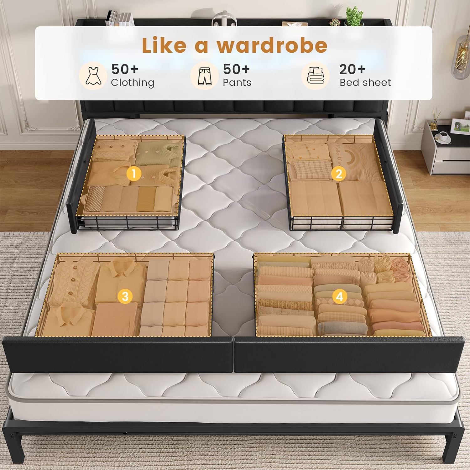 ADORNEVE King Size Bed Frame with 10 Storage Drawers & RGB Bookcase Headboard, PU Upholstered King Bed with Charging Station, Heavy Duty Metal Slats, No Box Spring Needed, Black