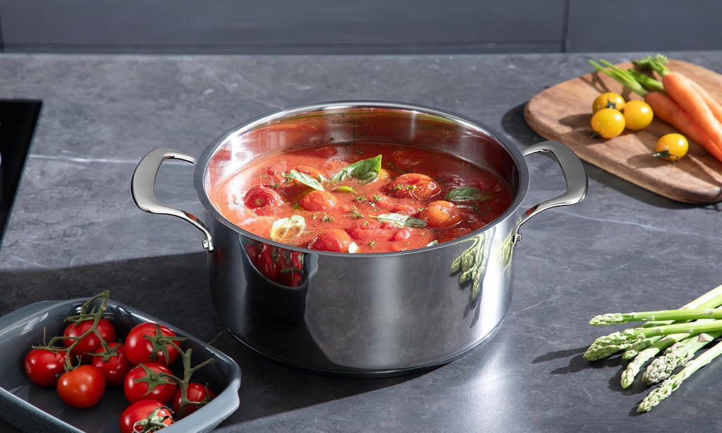 10 Piece Stainless Steel Pot and Pan Set, 5 Ply Clad, Includes Frying Pans, Saucepans, Saute Pan and Stock Pot, Compatible with All Cooktops, PTFE, PFAS and PFOA Free