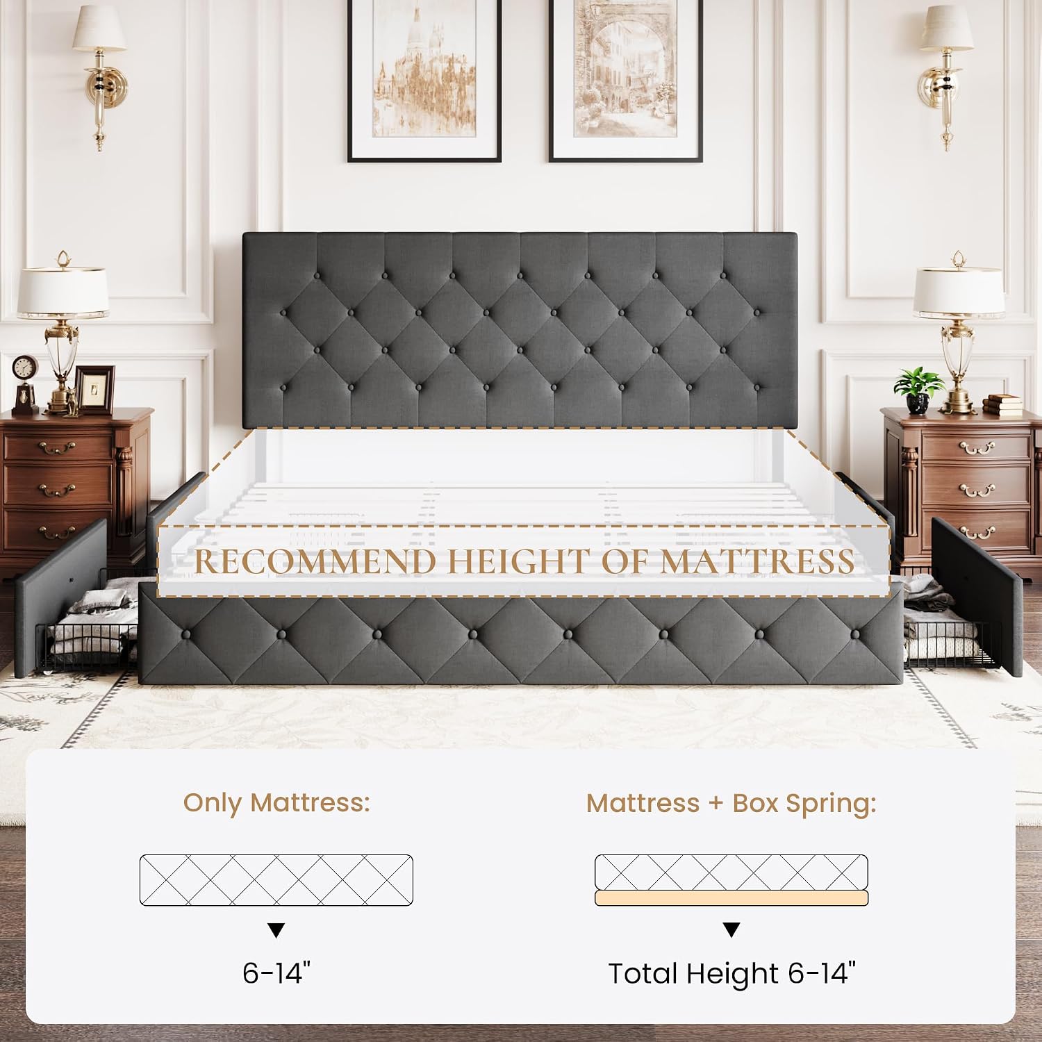SHA CERLIN Upholstered King Size Platform Bed Frame with 4 Storage Drawers, Adjustable Headboard with Diamond Stitched Button Tufted Design, Wooden Slat Support, No Box Spring Needed, Dark Grey