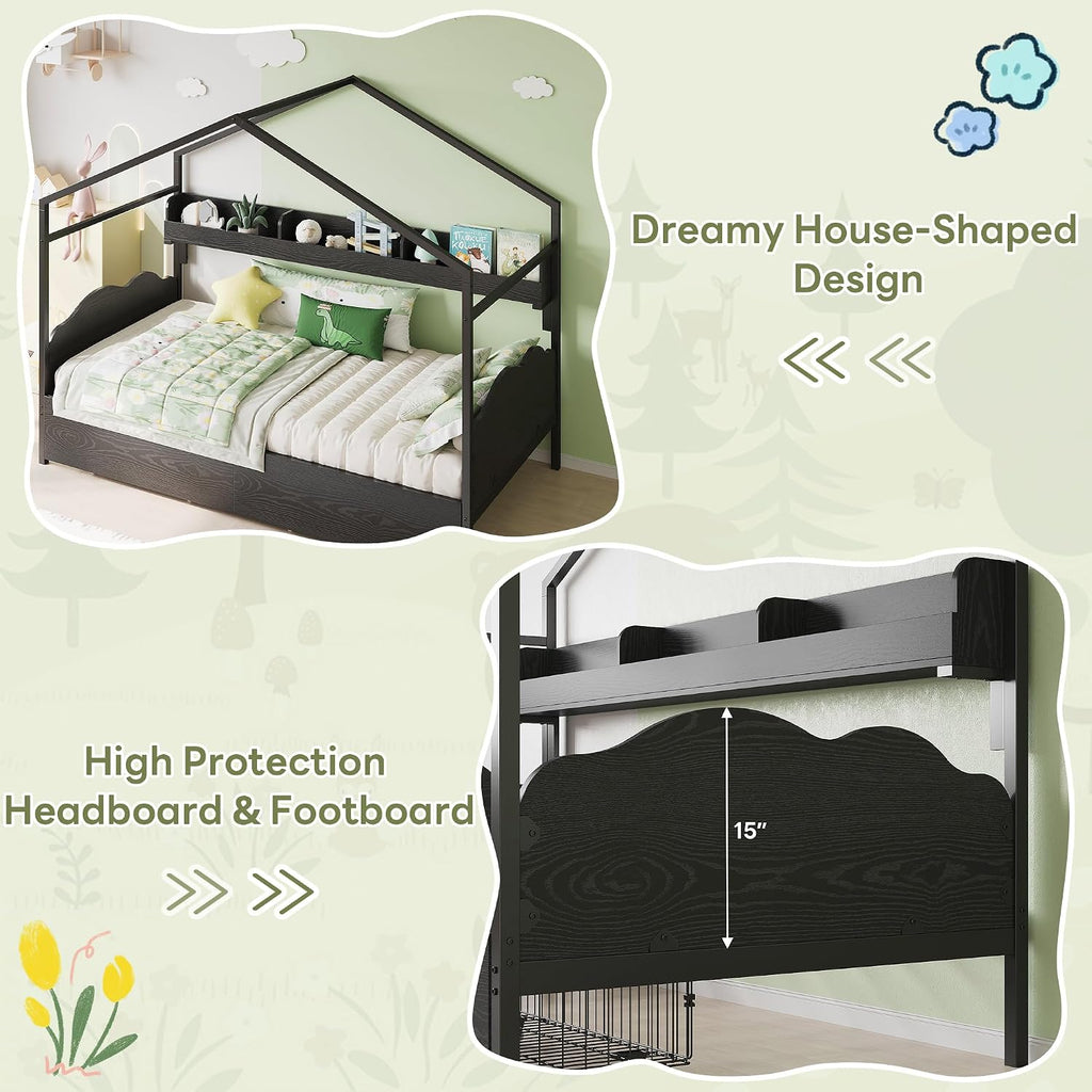 LIKIMIO Twin Bed Frame with 2 Storage Drawers, DIY House Bed with Bookshelf & Curved Headboard & Footboard, Twin Corner Bed Frames for Bedroom, No Box Spring Needed, Black