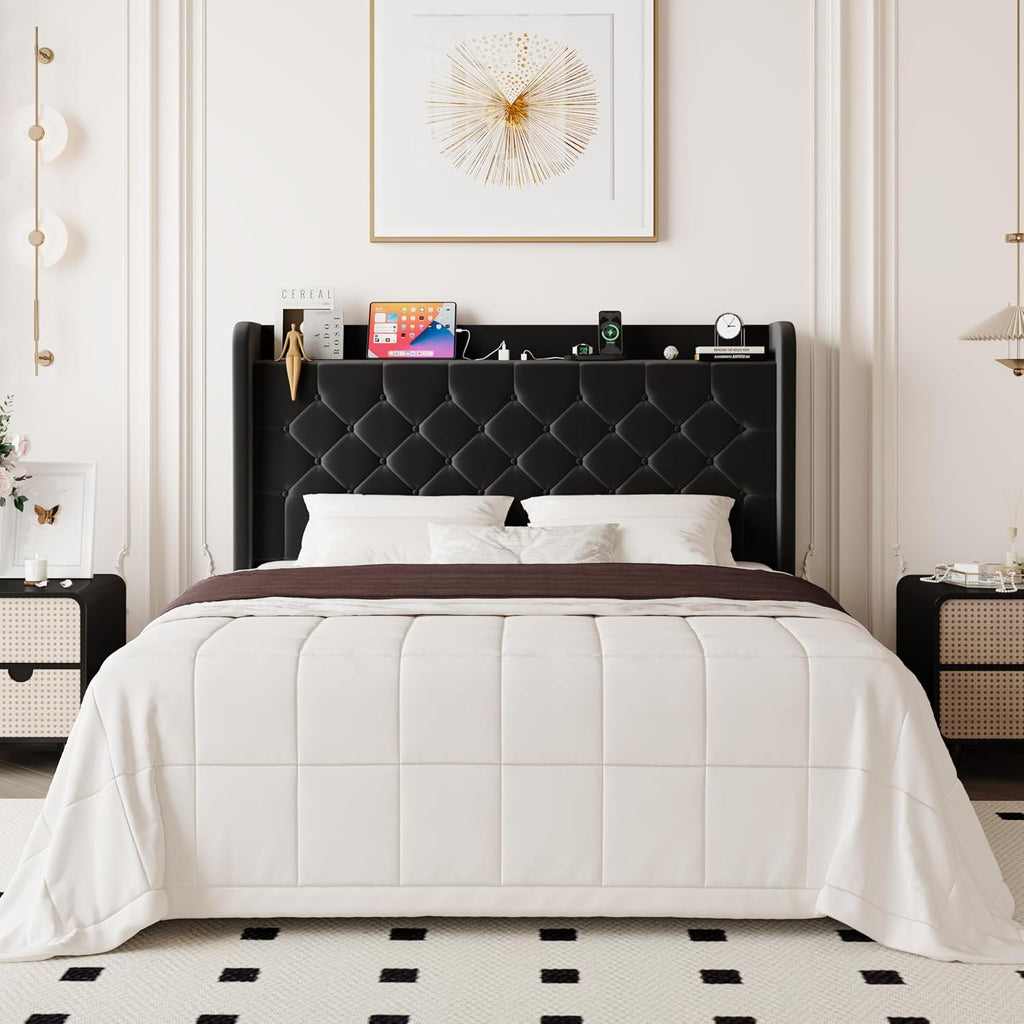 Allewie Full Size Bed Frame, Storage Headboard with Charging Station, Wingback Velvet Upholstered, Diamond Stitched Button Tufted, Sturdy Wooden Slats, No Box Spring Needed, Easy Assembly, Black