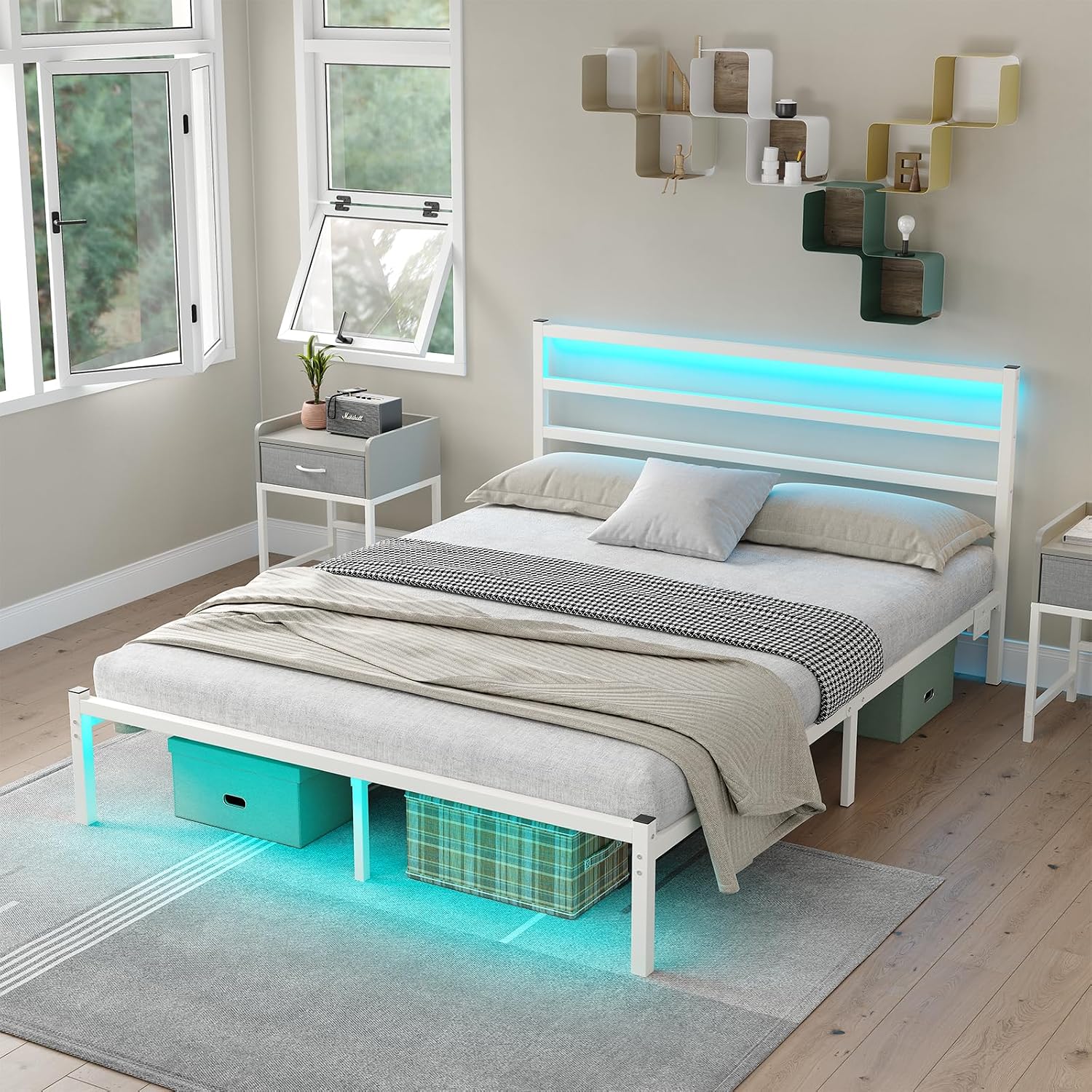 CollaredEagle Full Size Bed Frame with Headboard, Metal Platform Bed Frame with LED, Charging Station, No Box Spring Needed, Easy Assembly, Noise Free, White