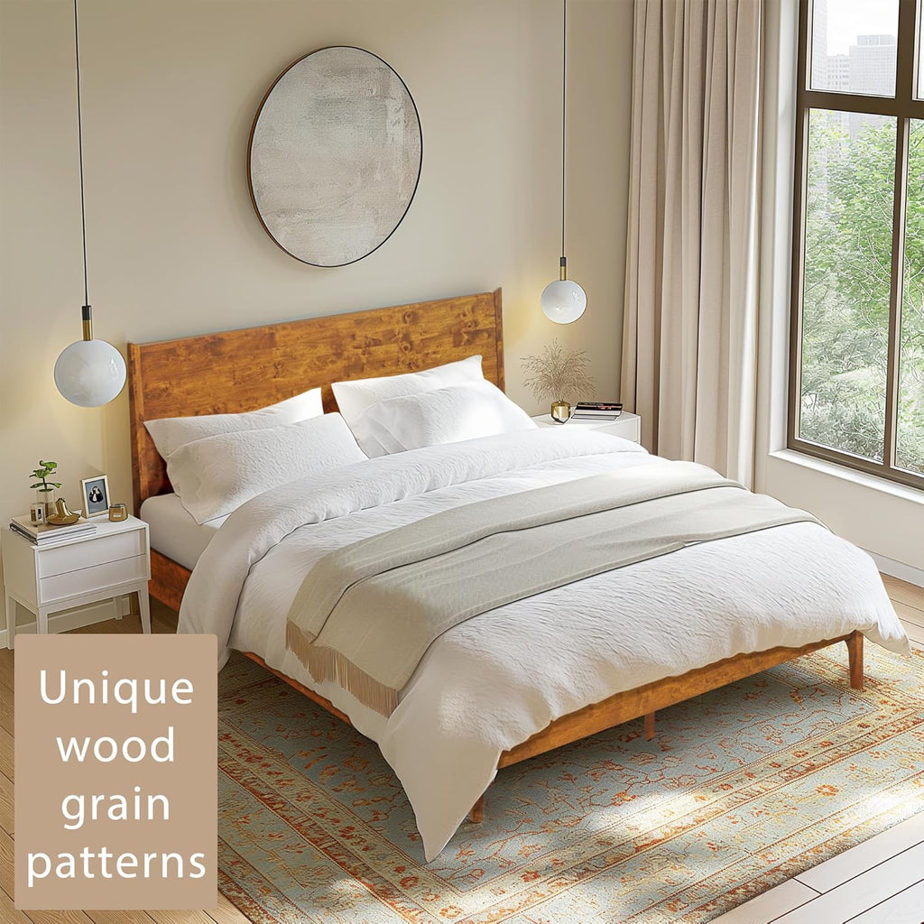 Acacia Haven King Wooden Bed Frame, 100% Solid Wood Platform Bed with Headboard, All Mattress Support & No Box Spring Needed, Effortless Assembly, 800 lbs Capacity, Caramel.