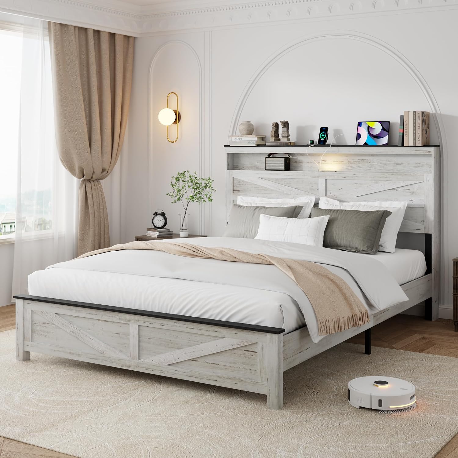Full Size Bed Frame with Headboard, Rustic Farmhouse Wood Bed Frame with LED Lights and Charging Station, Easy Assembly, No Box Spring Needed (White, Full)