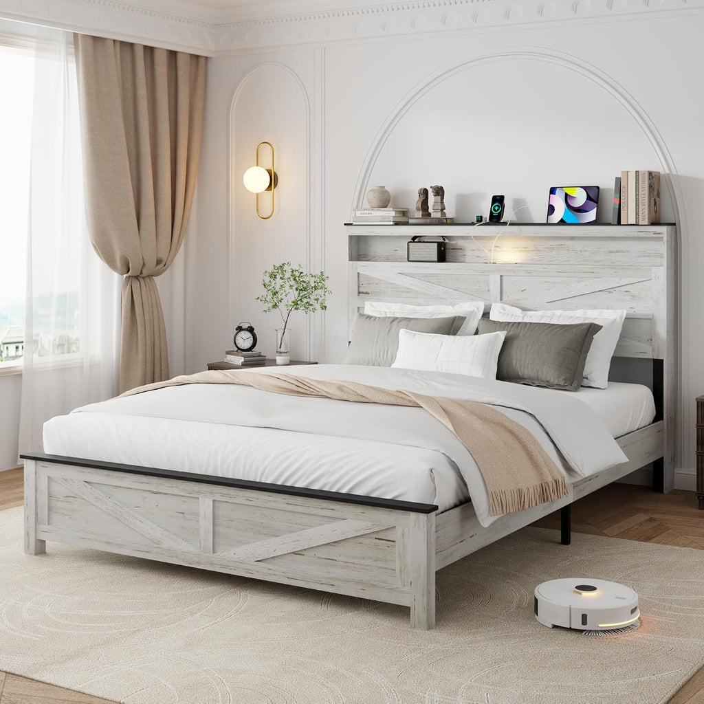 Queen Size Bed Frame with Headboard, Rustic Farmhouse Wood Bed Frame with LED Lights and Charging Station, Easy Assembly, No Box Spring Needed (White, Queen)