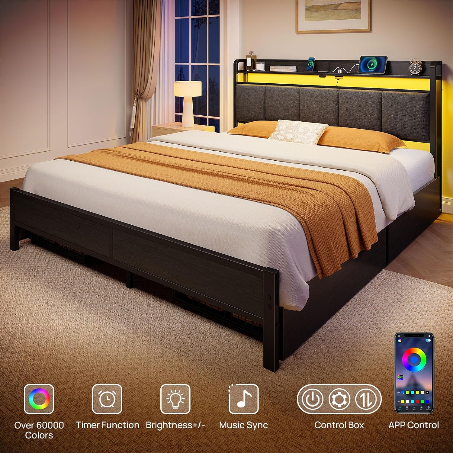 Rolanstar Bed Frame Queen Size with Charging Station and LED Lights, Upholstered Storage Headboard with Drawers, Heavy Duty Metal Slats, No Box Spring Needed, Noise Free, Easy Assembly, Dark Grey