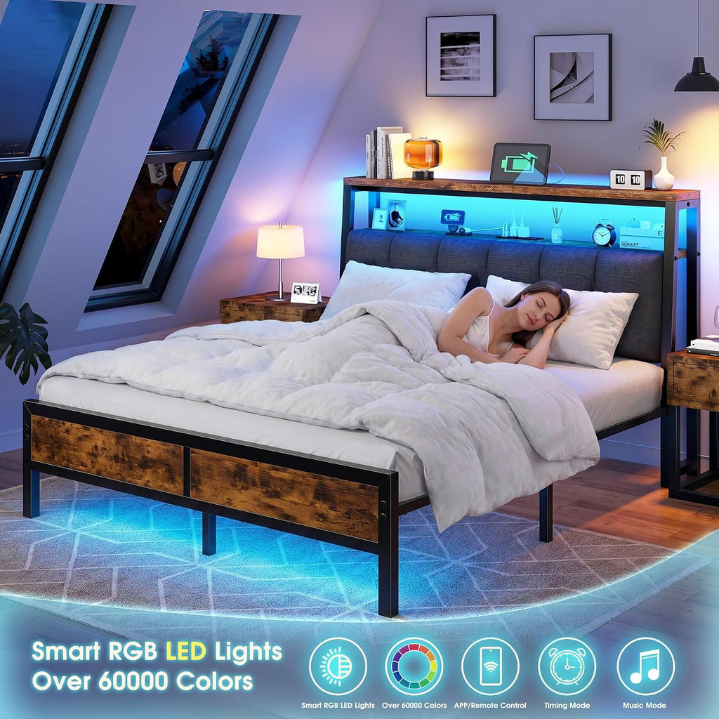 Full Size Bed Frame with Charging Station,Bed Frame Full Size with LED Linghts Have Upholstered Storage Headboard and 12' Under-Bed Storage, Providing Noise-Free and No-Sliding Support,Vintage Brown