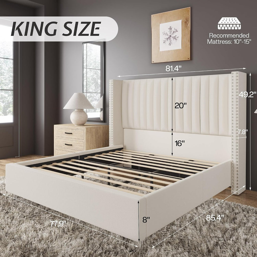 Jocisland King Bed Frame with 49.2' Tall Wingback Headboard,Velvet Upholstered Platform Bed for Cozy Master Bedrooms & Modern Homes,No Box Spring Needed, Easy Assembly, Cream