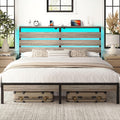 Rolanstar King Size Bed Frame with LED Lights and Charging Station, Wood Storage Headboard and Under Bed Storage, Metal Platform, Noise Free, No Box Spring Needed, Balck Oak