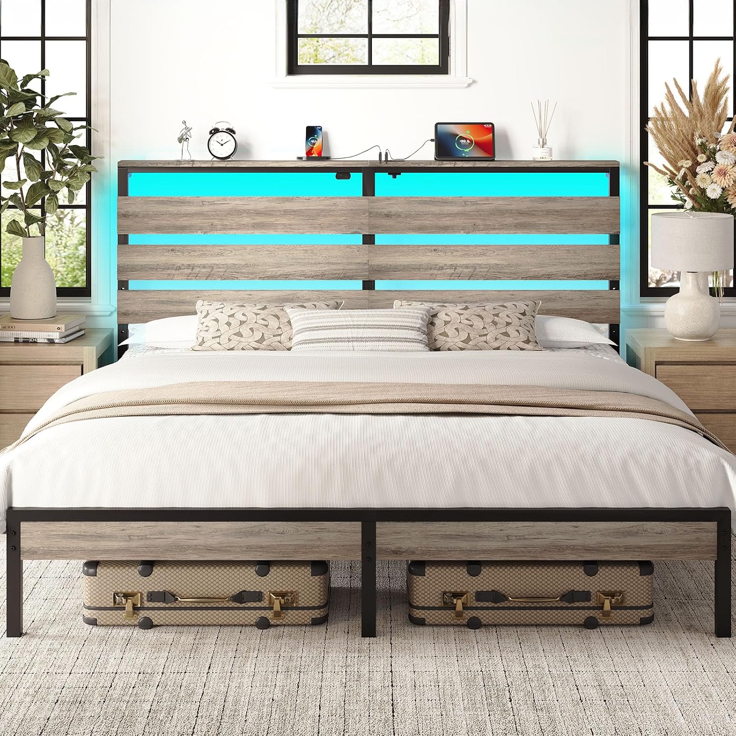 Rolanstar King Size Bed Frame with LED Lights and Charging Station, Wood Storage Headboard and Under Bed Storage, Metal Platform, Noise Free, No Box Spring Needed, Balck Oak