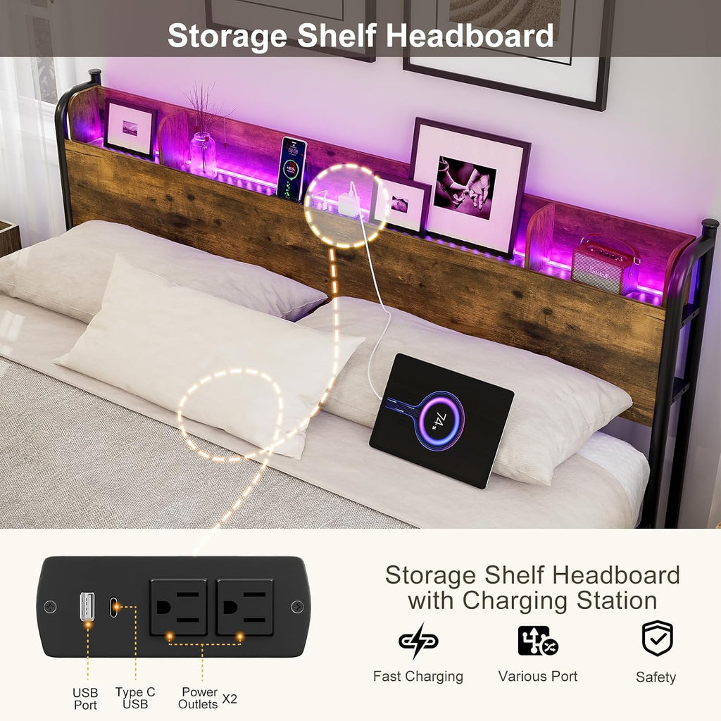 IKIFLY King Size Bed Frame with Storage Shelf Headboard & Charging Station, Industrial Metal King Platform Bed with LED Lights, Strong Metal Slats Support, No Box Spring Needed, Rustic Brown