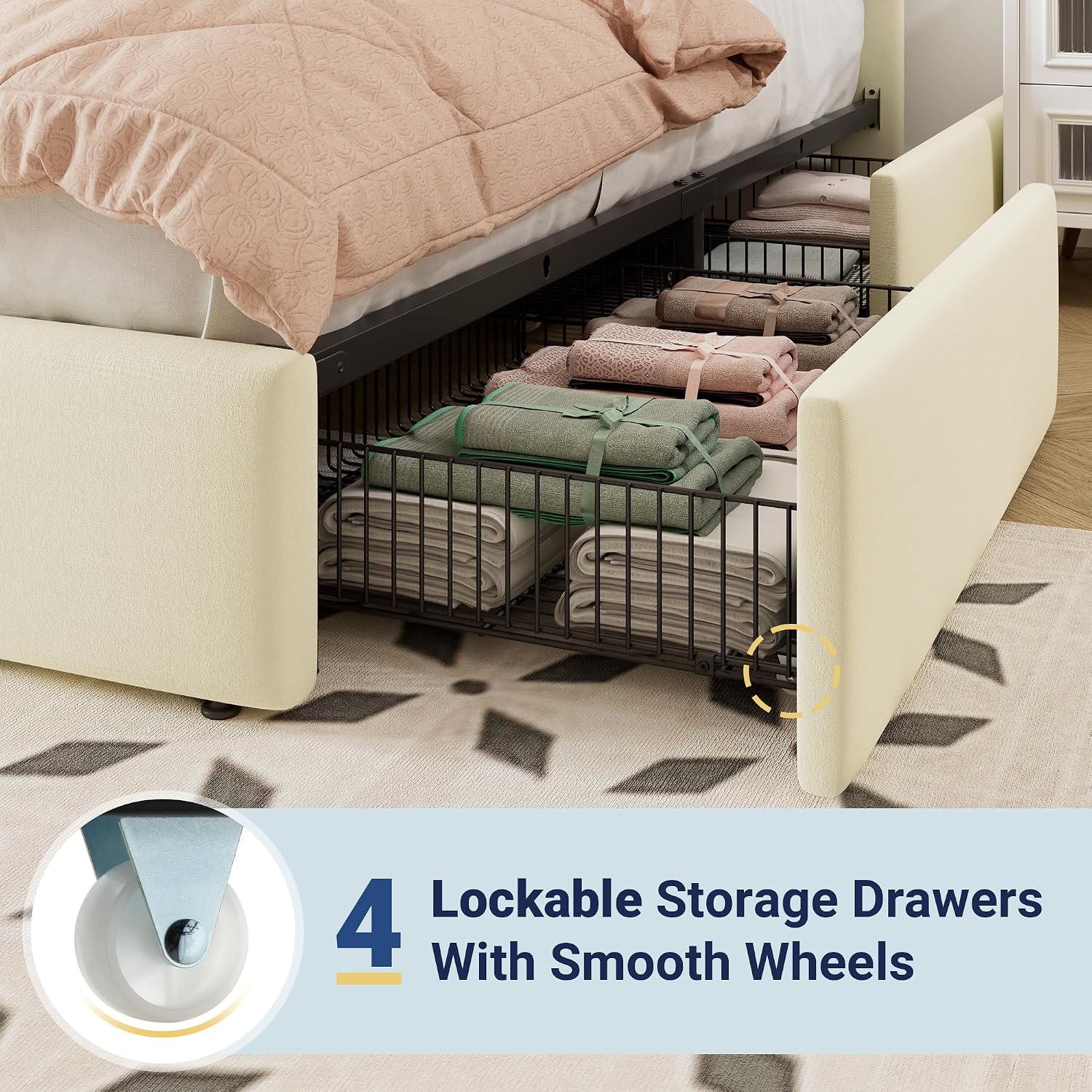 Allewie Full Size Storage Bed Frame, Vertical Channel Tufted Adjustable Headboard, Velvet Upholstered Platform Bed with 4 Oversized Underbed Drawers, Wooden Slats Support, No Box Spring Needed, Cream