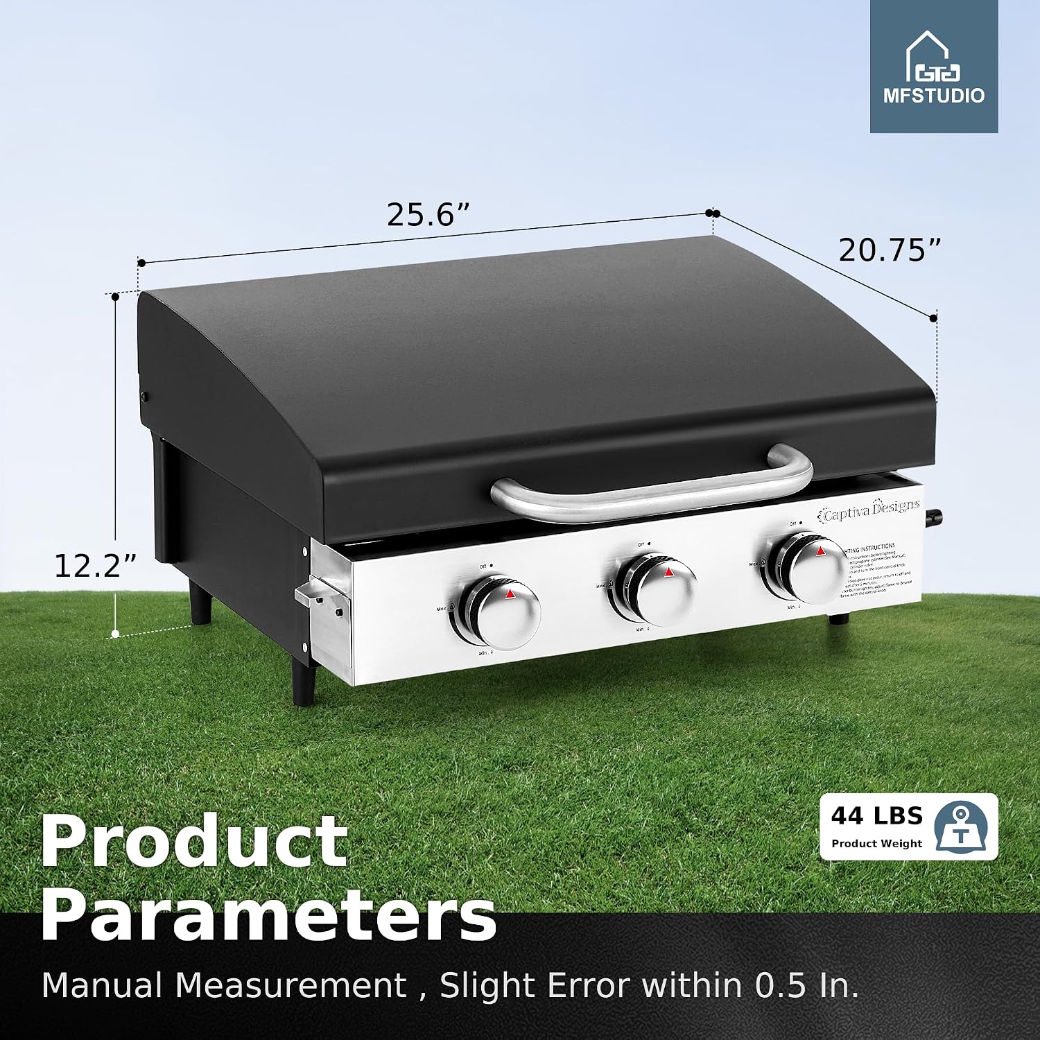 MFSTUDIO 22 Inch Flat Top Grill with Ceramic Coated Cast Iron Pan, 3 Burners Portable Tabletop Propane Gas Griddle Grill for Camping, Outdoor & Tailgating Barbecue, 24,000 BTU