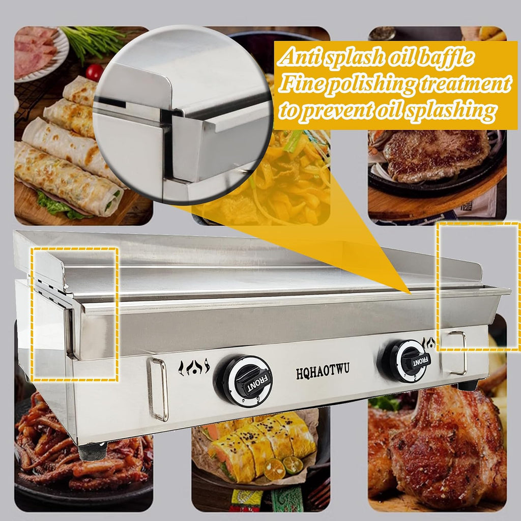 LPG Gas Griddle - Camp Countertop Flat Cooking Griddle with Temperature Control - 2800Pa Top Grill Hot Plate Stove - 2 Burner Outdoor Kitchen - Stainless Steel Grill BBQ Plate