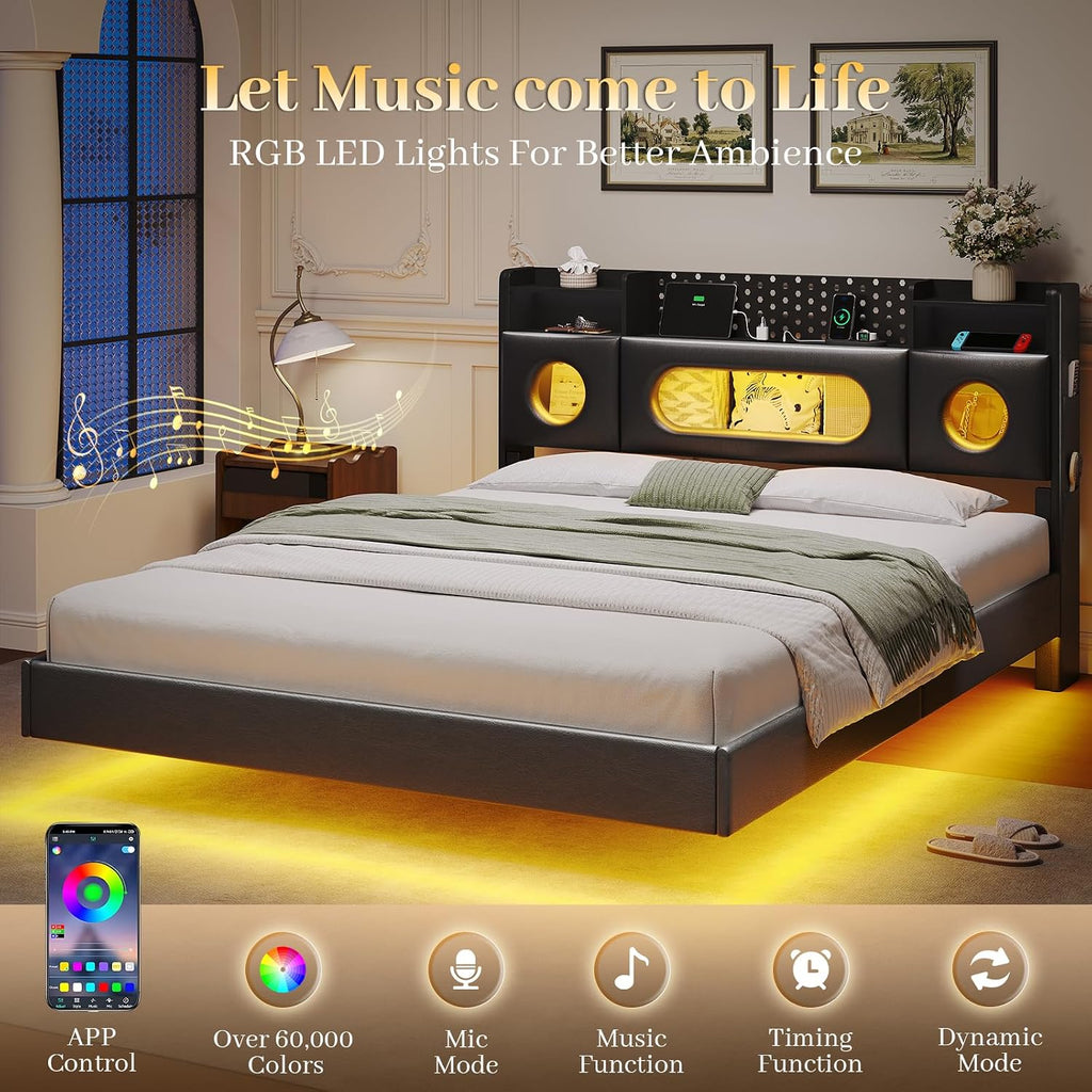 Floating Bed Frame Queen,Queen Bed Frame with Headboard & LED Light &Charging Station,Bed Frame Queen Size Leather Metal Platform Noise-Free,Floating Bed Frame No Box Spring Needed,Easy Assembly,Black