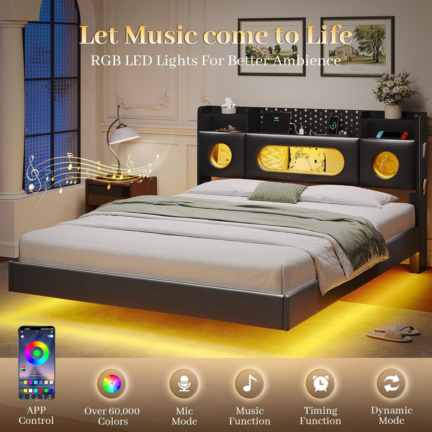 Floating Bed Frame Queen,Queen Bed Frame with Headboard & LED Light &Charging Station,Bed Frame Queen Size Leather Metal Platform Noise-Free,Floating Bed Frame No Box Spring Needed,Easy Assembly,Black
