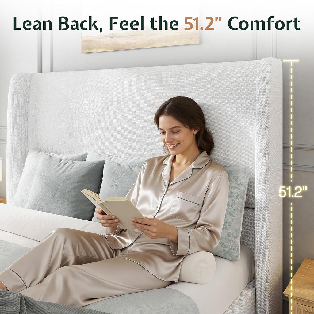 Jocisland Full Size Bed Frame 51.2' Wingback Headboard Linen Upholstered Platform Bed with Solid Wood Legs & Wooden Slats, No Box Spring Needed, Modern Minimalist Style, Easy Assembly, White