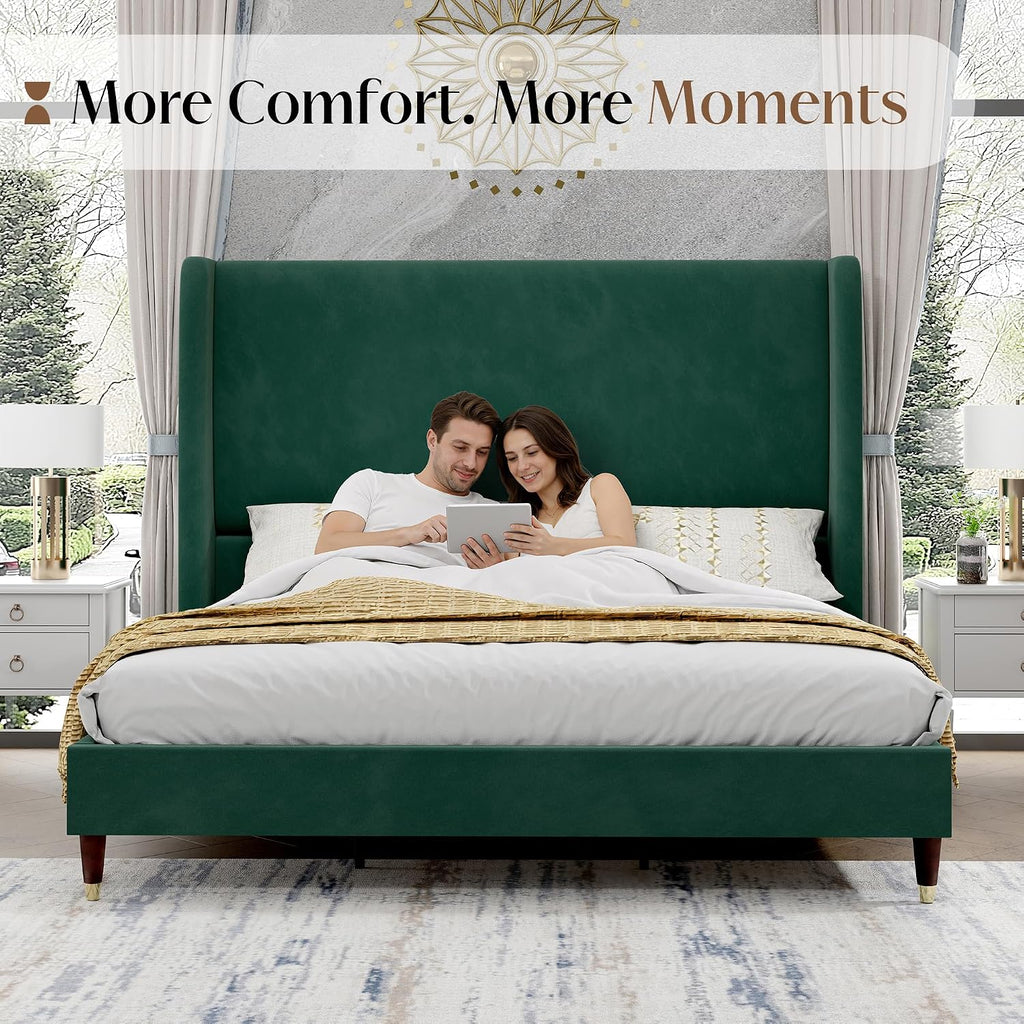 PaPaJet Full Size Bed Frame with 51.2' Wingback Headboard,Velvet Upholstered Platform Bed,Solid Wood Legs,No Box Spring Needed,Noise-Free&Easy Assembly,for Teen Girls, Dorm, Small Bedroom,Green