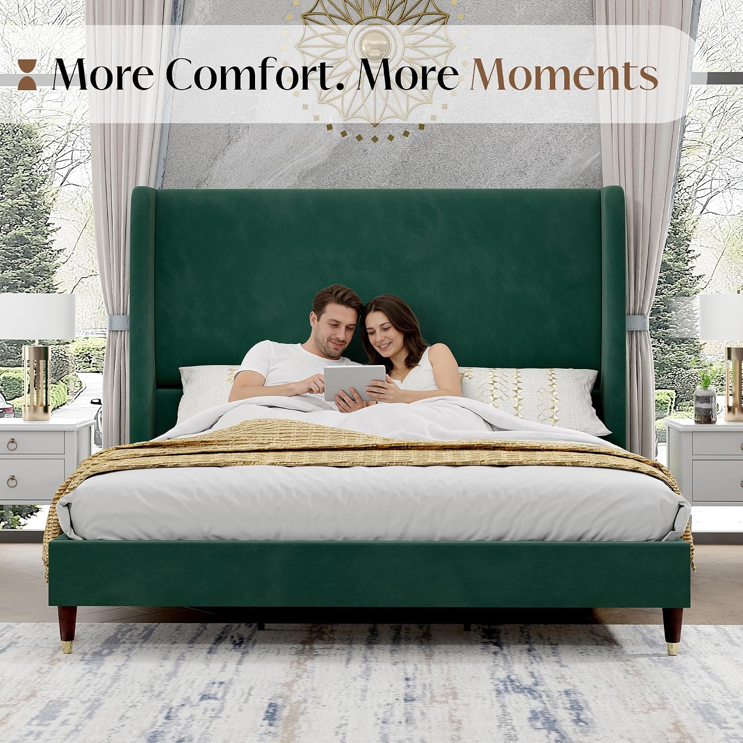PaPaJet Full Size Bed Frame with 51.2' Wingback Headboard,Velvet Upholstered Platform Bed,Solid Wood Legs,No Box Spring Needed,Noise-Free&Easy Assembly,for Teen Girls, Dorm, Small Bedroom,Green