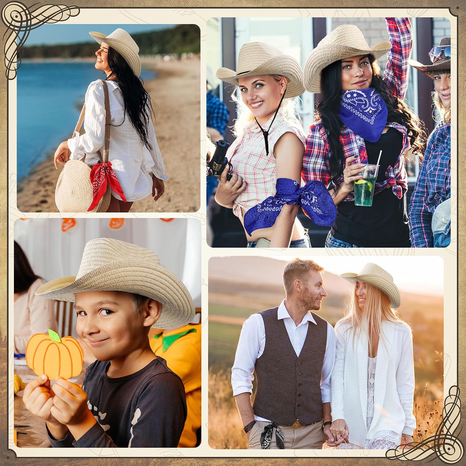 Unittype 48 Set Straw Cowboy Hats with Paisley Bandanas Set Rodeo Cowboy Party Accessories 48 Straw Hats Black Red Blue Bandanas for Western Birthday