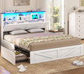 VIAGDO Farmhouse Bed Frame Full Size with Bookcase Storage Headboard, Charging Station and LED Lights, Wooden Full Bed Frame with 4 Drawers, Barn Door Design, No Box Spring Needed, No Noise, White