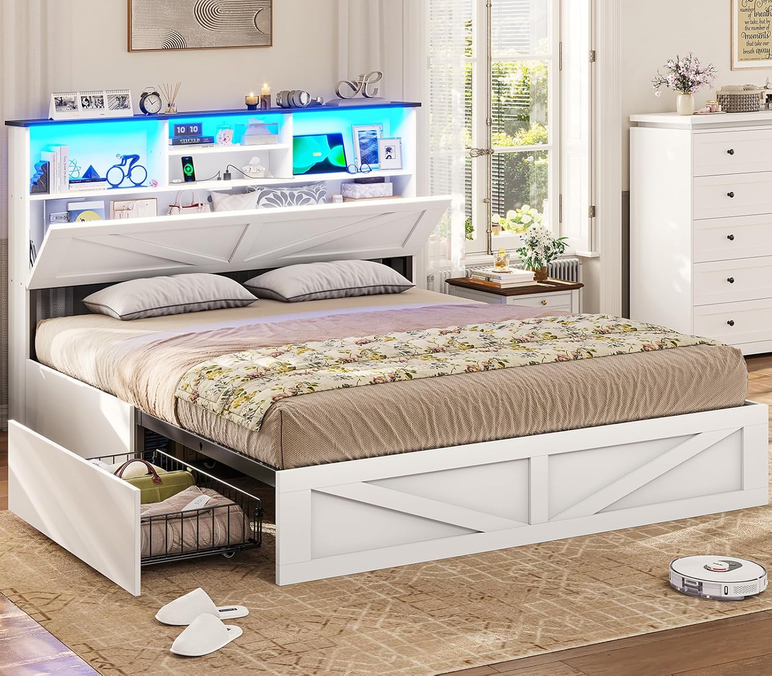 VIAGDO Farmhouse Bed Frame Full Size with Bookcase Storage Headboard, Charging Station and LED Lights, Wooden Full Bed Frame with 4 Drawers, Barn Door Design, No Box Spring Needed, No Noise, White