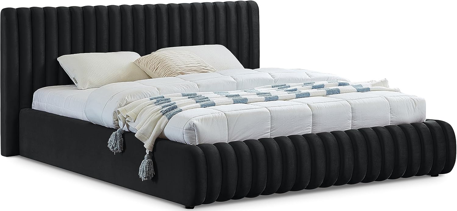 Meridian Furniture NicoBlack-K Nico Collection Modern | Contemporary Velvet Upholstered King Bed with Rich Black Velvet and Deep Channel Tufting, 89' W x 91' D x 38' H, Black, King