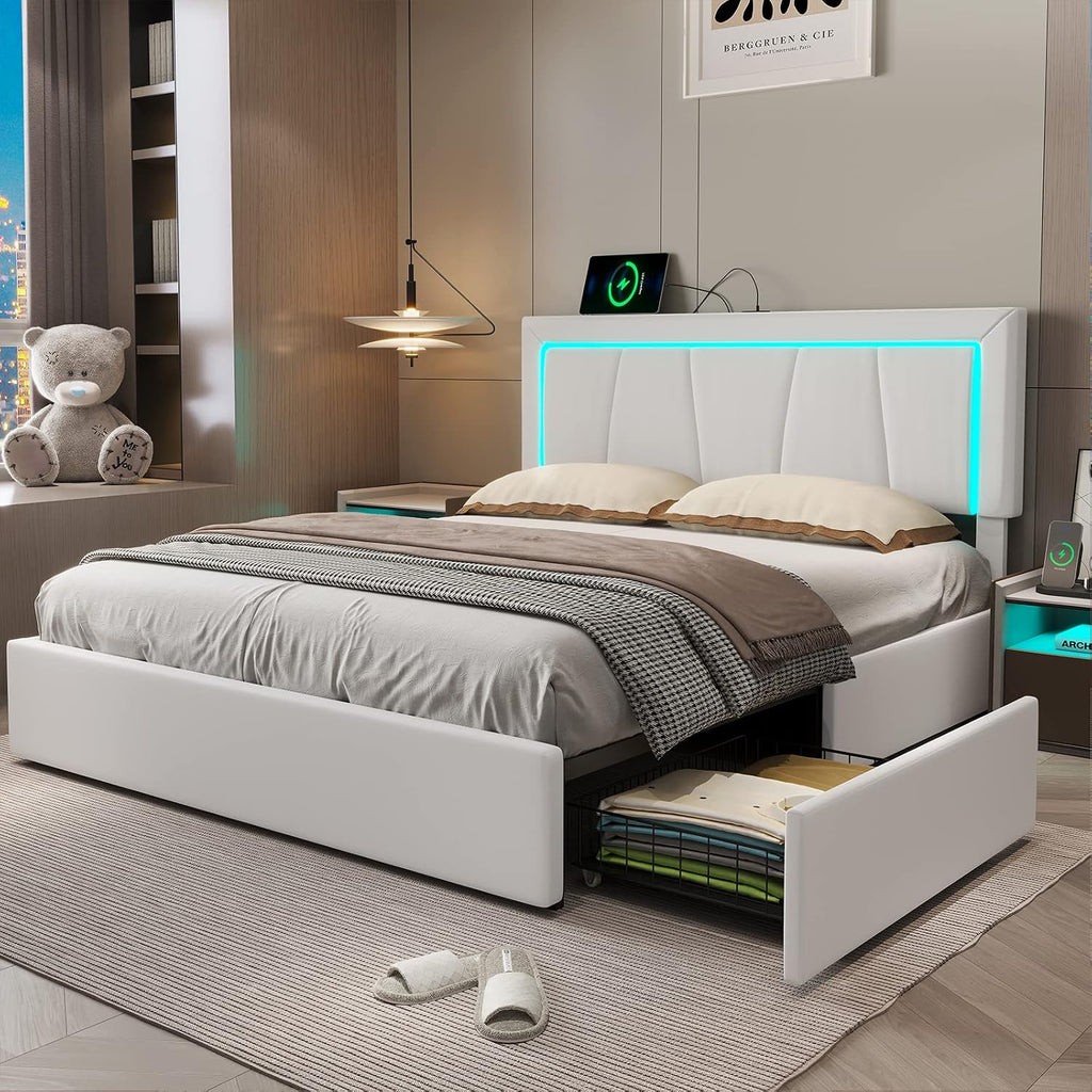 Hasuit Queen Bed Frame with 4 Storage Drawers Underneath, Upholstered Platform Bed Queen Size with Artificial Leather Headboard, Modern Bed with LED Light, and Charging Station, White