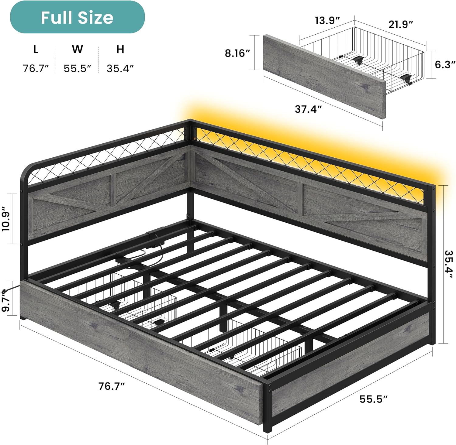 ANCTOR Full Corner Bed Frame with Storage Drawers, Daybed with LED Lights and Charging Station, No Box Spring Needed, Heavy Duty, Easy Assembly for Living Room, Bedroom and Guest Room, Grey | Heavy Duty Bed