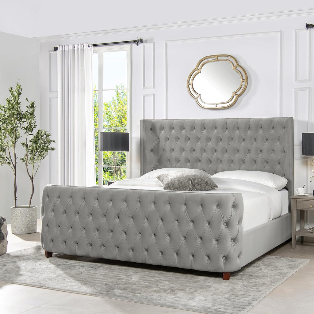Jennifer Taylor Home Harmonie King Tufted Panel Bed Headboard and Footboard Set, Opal Grey Velvet