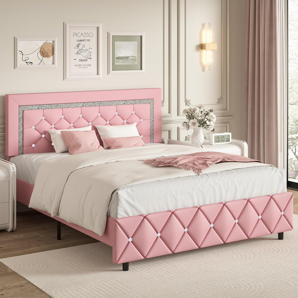 BarnFurin Queen Bed Frame with Headboard, Faux Leather Upholstered Bed with Diamond Tufted Design, Modern Platform Bed Frame, No Box Spring Required, Easy Assembly, Pink