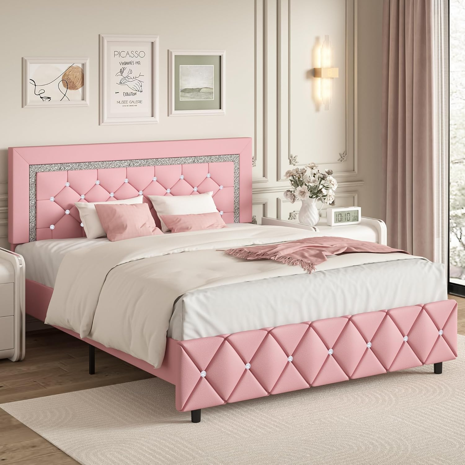 BarnFurin Queen Bed Frame with Headboard, Faux Leather Upholstered Bed with Diamond Tufted Design, Modern Platform Bed Frame, No Box Spring Required, Easy Assembly, Pink