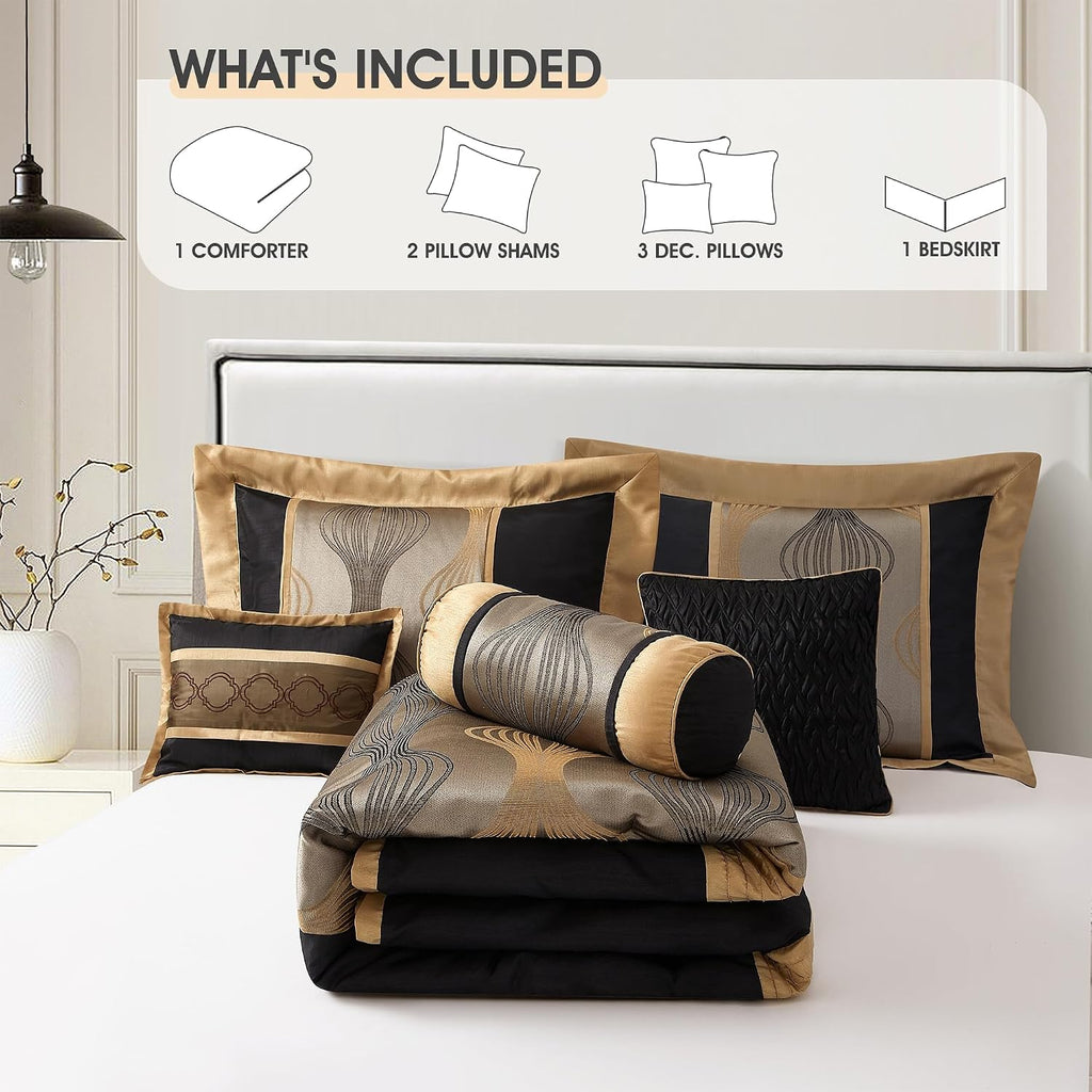LANCO MODERN LIFESTYLE Queen Comforter Set, Black Gold, 7 Pieces Bed in a Bag, Ultra Soft Jacquard with Solid Piecework, Luxury Bed Set with Comforters, Bed Skirt, Pillow Shams and Decorative Pillows