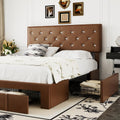 VECELO Full Size Bed Frame with 3 Storage Drawers, Leather Upholstered with Diamond Tufted Headboard, Solid Wood Slat Support & Steel Framework, PU & Brown